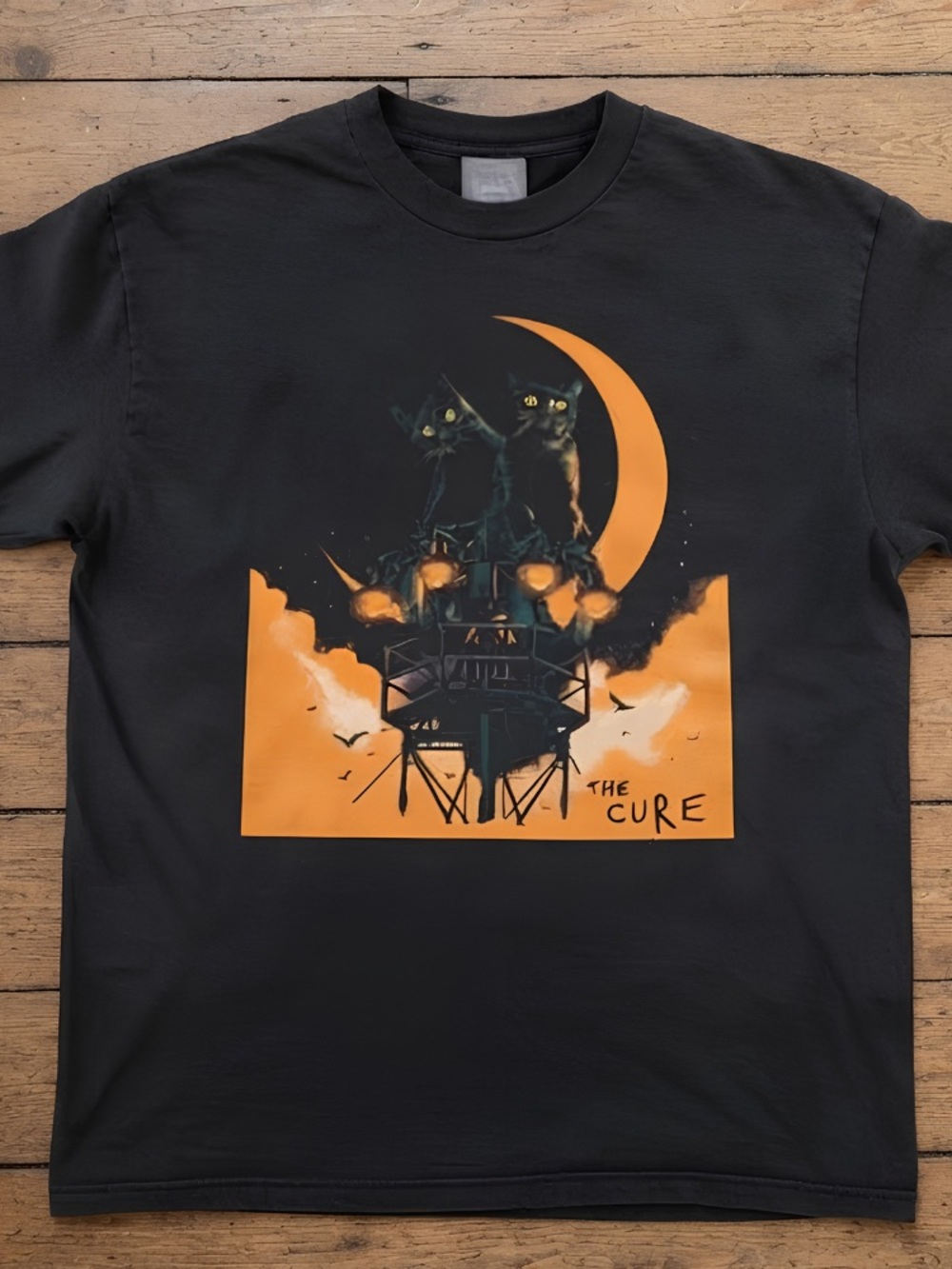 The Cure Black Cats Crescent Moon Lighthouse Orange Vintage Black T-Shirt